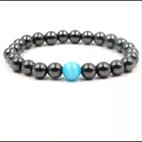 Hematite 8mm Healing Bracelet Blue Ball Stretch - Picture 12 of 14